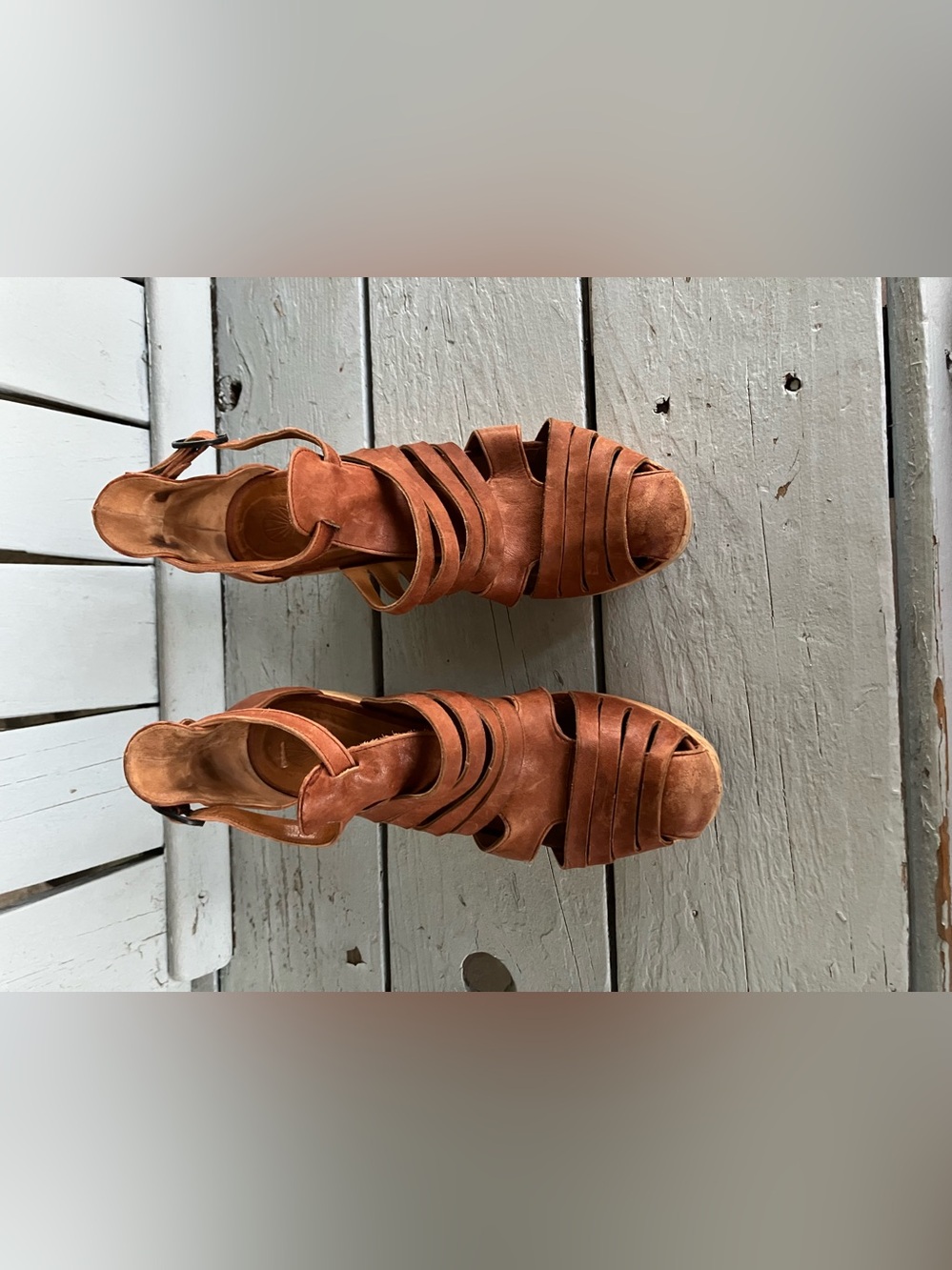 COCLICO Soft Brown Leather Strappy Wedge Sandals Wood Clog - Picture 2 of 15